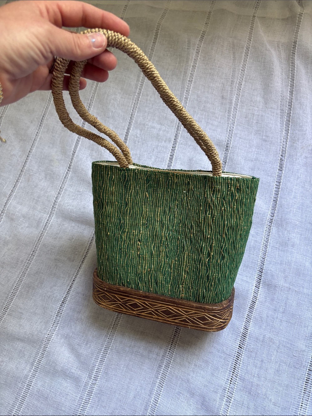 Patchouli Green Woven Handbag with Decorative Wooden Trim and Rope Handles. - Picture 14 of 14